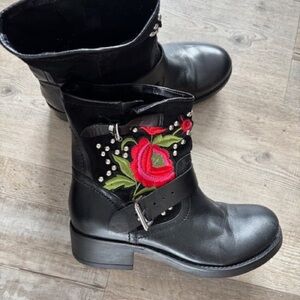 Black Leather Combat Boots with Red Rose Embroidery